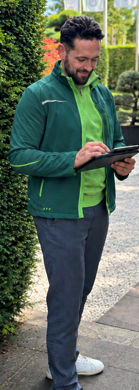 Bauleiter von Göllner mit Tablet vor einer geschnittenen Hecke auf dem Betriebsgelände